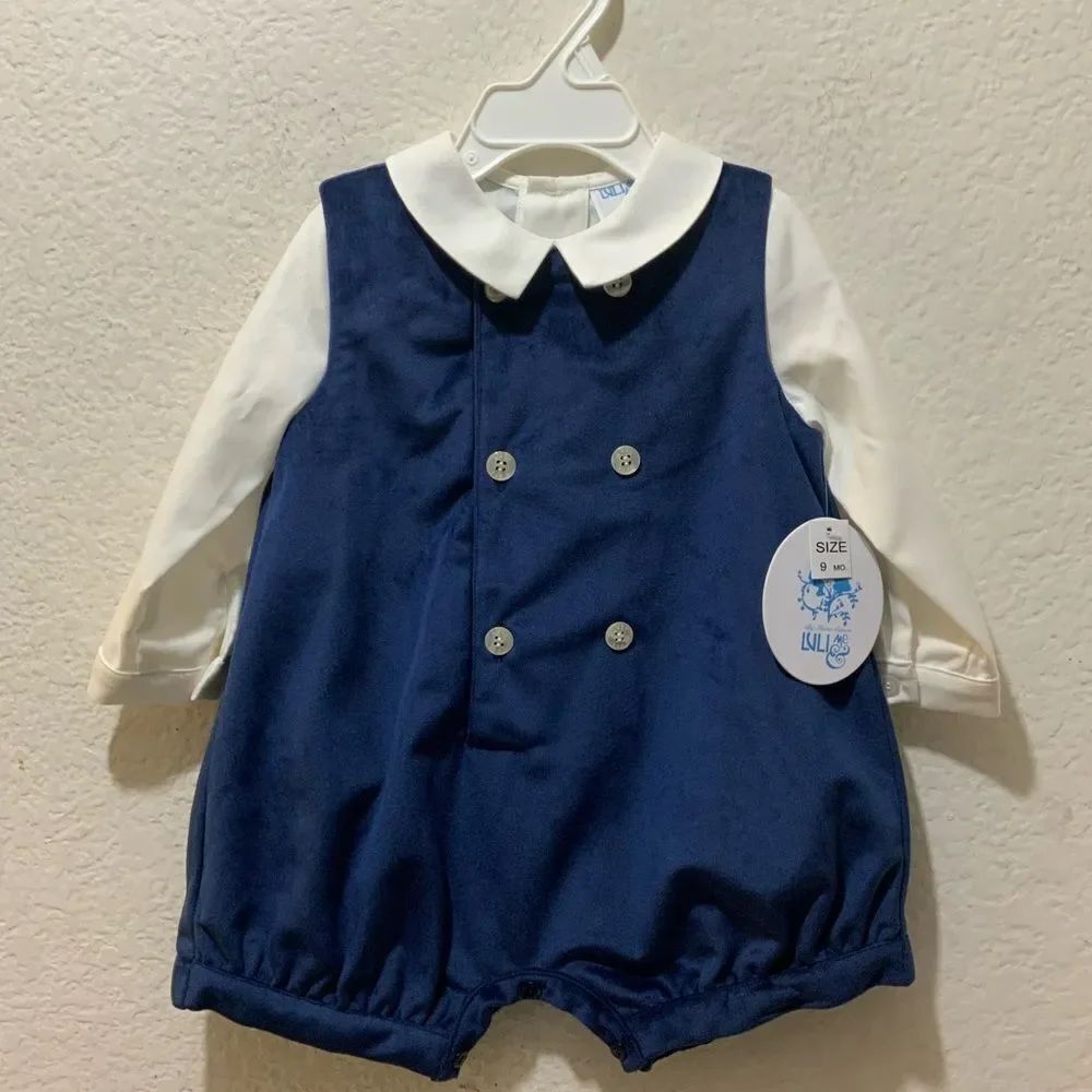 New Luli and Me Boys Blue Deluxe Velvet Romper size multiples